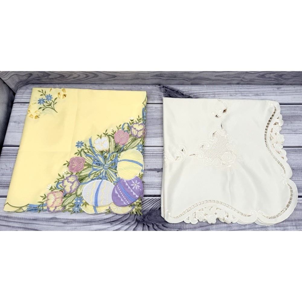 LOT OF 2 CUTWORK AND EMBROIDERED SMALL TABLECLOTHS - ONE EASTER
